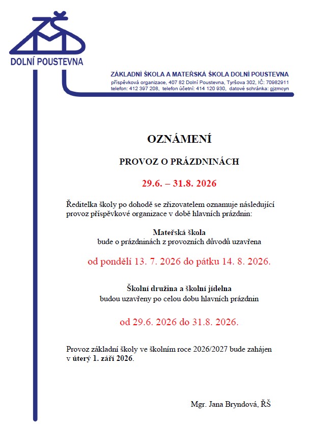 Oznámení o&nbsp;provozu během letních prázdnin